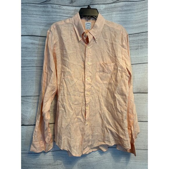 Mens Brooks Brothers Button-Down Peach Linen-Cotton Shirt Size L - Picture 1 of 3
